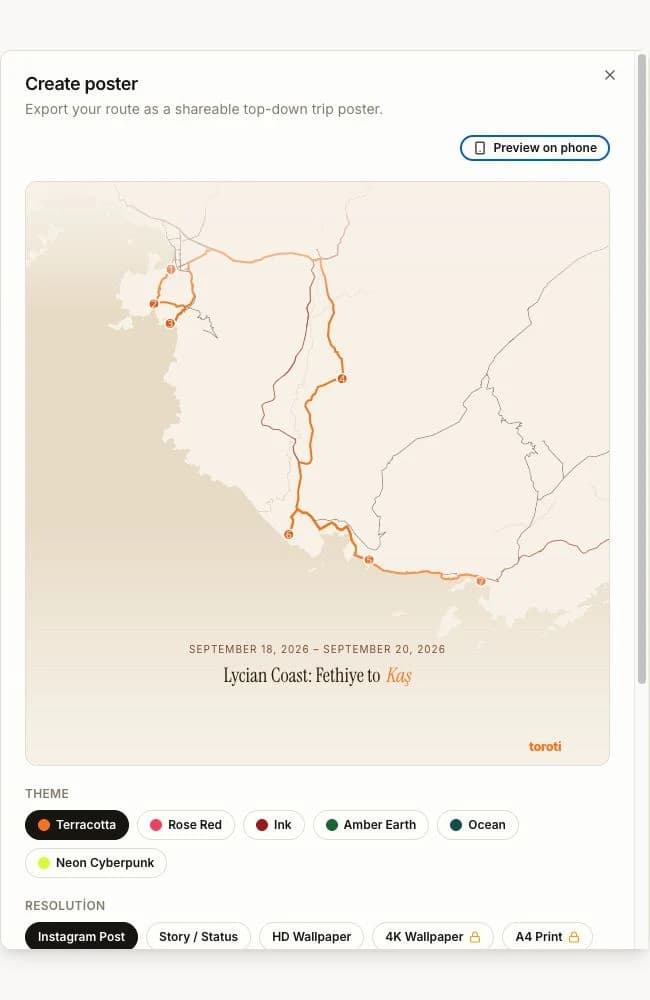 A shareable trip poster preview in the Toroti poster creator.