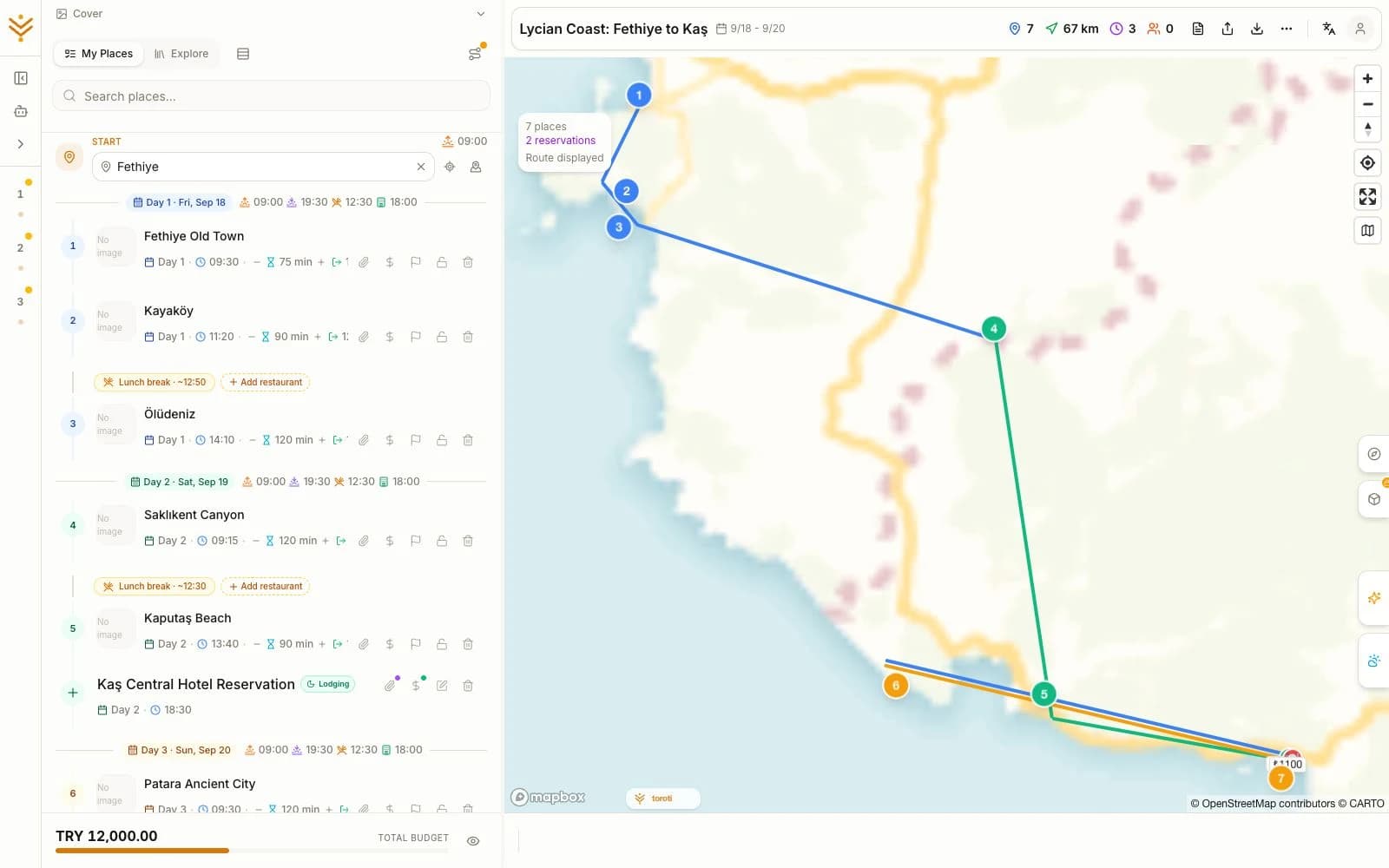 Stops, reservations and the real road route along the Lycian coast in the Toroti planner.